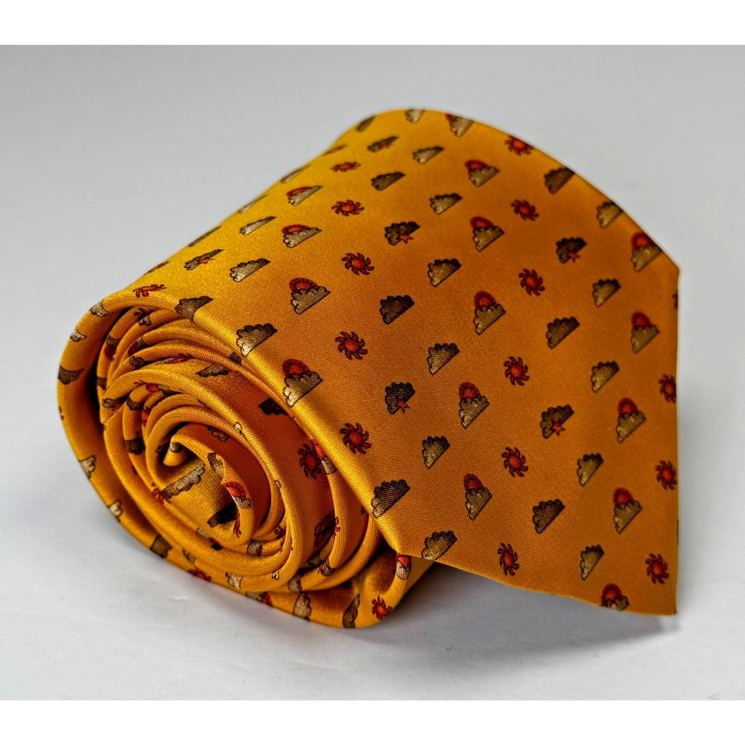Salvatore Ferragamo Tie Silk Yellow Sunrise Sunset Clouds Sun Pattern Italy